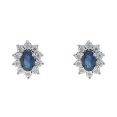 White Gold Sapphire Diamond Halo Stud Earrings - 10k Oval .98ctw Floral Pierced