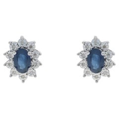 White Gold Sapphire Diamond Halo Stud Earrings - 10k Oval .98ctw Floral Pierced
