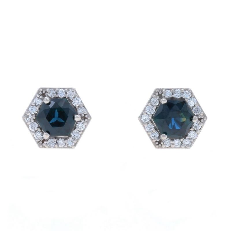 White Gold Sapphire Diamond Halo Stud Earrings - 14k Hexagon 1.62ctw