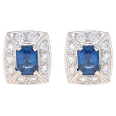White Gold Sapphire & Diamond Halo Stud Earrings - 14k Radiant 3.30ctw Pierced