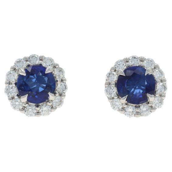 White Gold Sapphire Diamond Halo Stud Earrings - 14k Round 1.70ctw Pierced For Sale