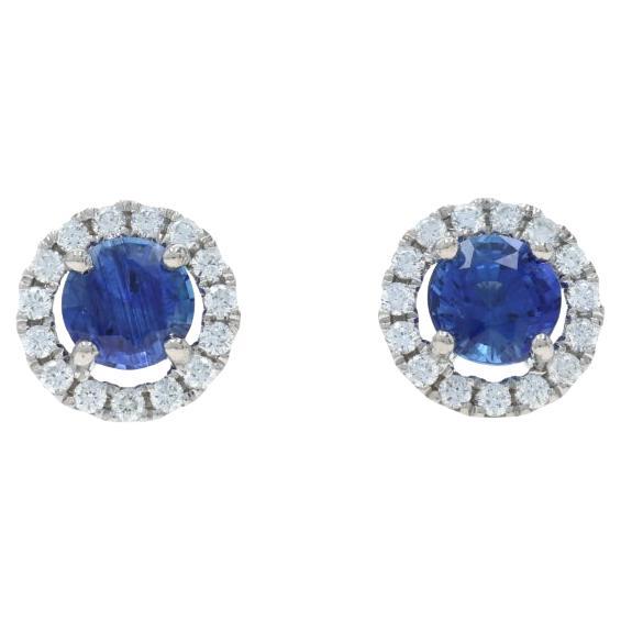 Pendientes de Oro Blanco Zafiro Diamante Halo - 14k Redondos 2.42ctw Perforados