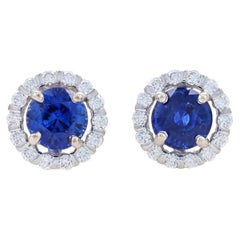 White Gold Sapphire & Diamond Halo Stud Earrings - 14k Round 2.44ctw Pierced