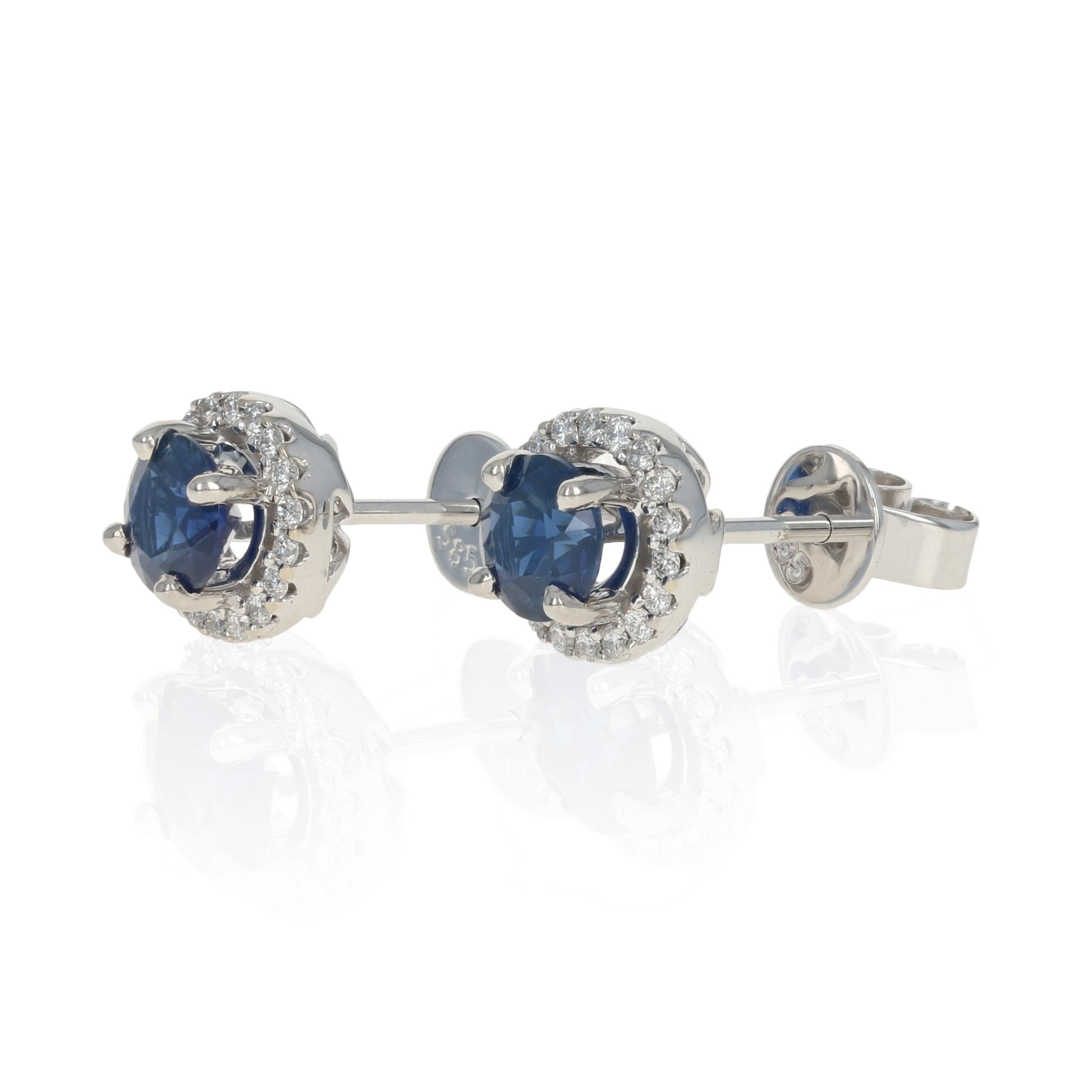 White Gold Sapphire and Diamond Halo Stud Earrings, 14k Round Cut 1.34ctw  Pierced For Sale at 1stDibs