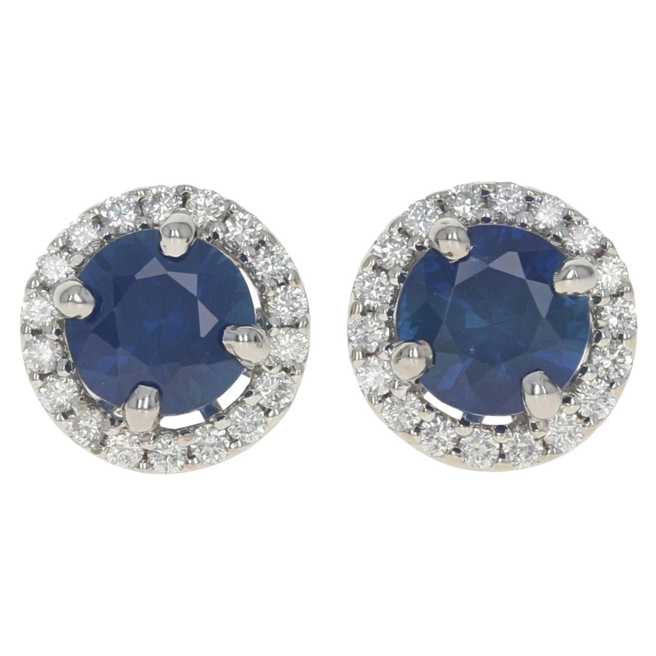 White Gold Sapphire & Diamond Halo Stud Earrings, 14k Round Cut 1.34ctw Pierced