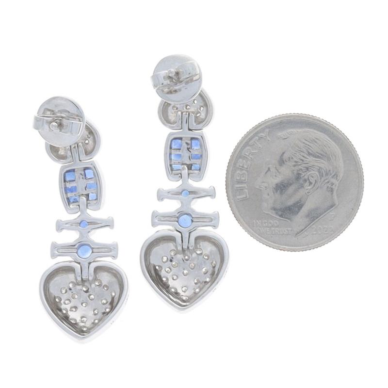 Round Cut White Gold Sapphire & Diamond Heart Cluster Dangle Earrings 14k Sq & Rnd 1.52ctw For Sale