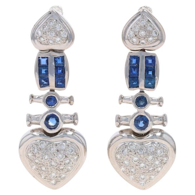 White Gold Sapphire & Diamond Heart Cluster Dangle Earrings 14k Sq & Rnd 1.52ctw For Sale