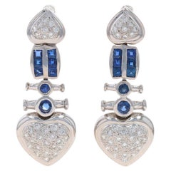White Gold Sapphire & Diamond Heart Cluster Dangle Earrings 14k Sq & Rnd 1.52ctw