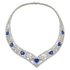 White Gold Sapphire Diamond Heart Collar Necklace