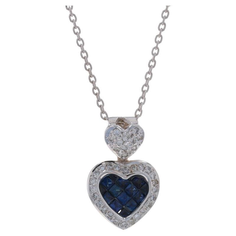 White Gold Sapphire Diamond Heart Duo Halo Necklace 16 1/2" -18k Princess .80ctw For Sale