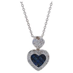 White Gold Sapphire Diamond Heart Duo Halo Necklace 16 1/2" -18k Princess .80ctw