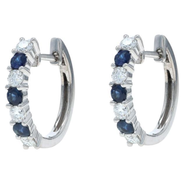 White Gold Sapphire Diamond Hoop Earrings - 14k Round 1.36ctw Pierced