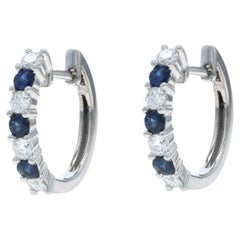 White Gold Sapphire Diamond Hoop Earrings - 14k Round 1.36ctw Pierced