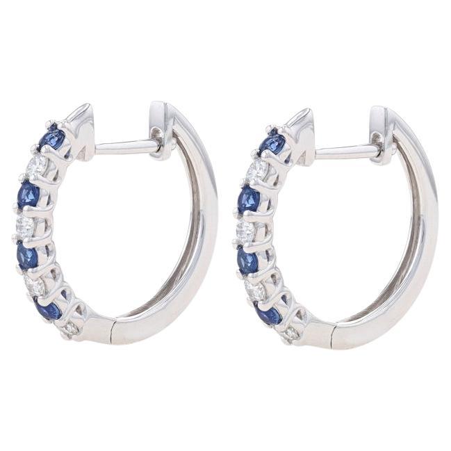 White Gold Sapphire & Diamond Hoop Earrings - 14k Round .45ctw Pierced For Sale
