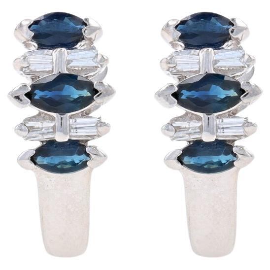 White Gold Sapphire & Diamond J-Hook Earrings - 14k Marquise 1.40ctw Pierced For Sale