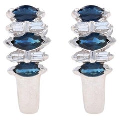 White Gold Sapphire & Diamond J-Hook Earrings - 14k Marquise 1.40ctw Pierced