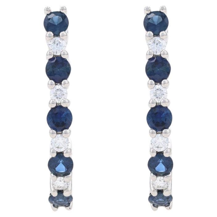 White Gold Sapphire & Diamond J-Hook Earrings - 14k Round Cut 1.07ctw Pierced For Sale