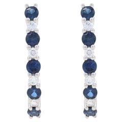 Boucles d'oreilles J-Hook en or blanc saphir et diamant - 14k Taille ronde 1.07ctw Pierced