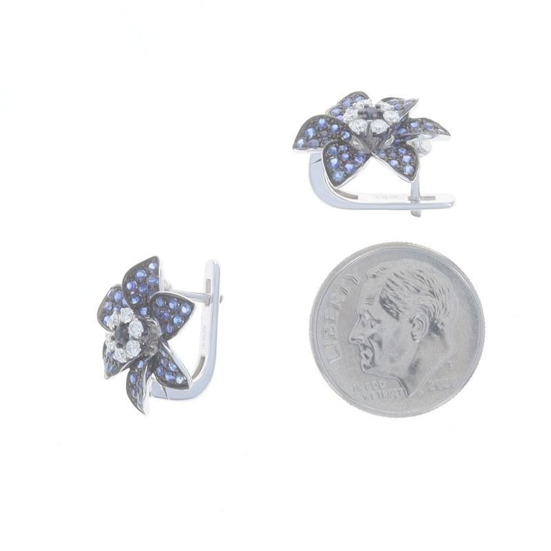 Round Cut White Gold Sapphire Diamond J-Hoop Earrings - 14k Round 1.36ctw Flowers Pierced For Sale