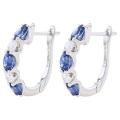 White Gold Sapphire & Diamond J-Hoop Earrings - 18k Oval 1.57ctw Pierced