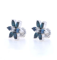White Gold Sapphire & Diamond Large Stud Earrings - 14k Marquise 3.56ctw Flowers