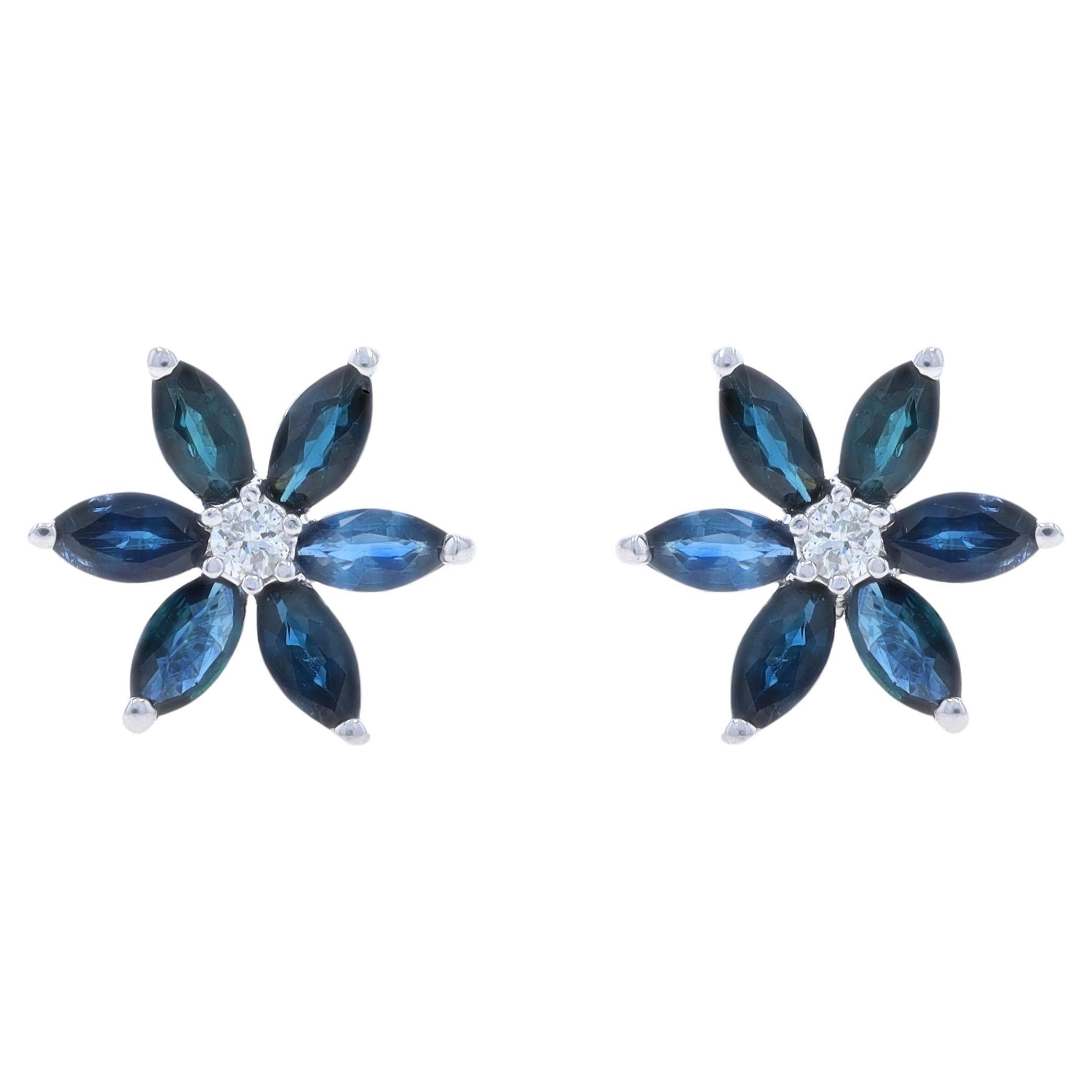 White Gold Sapphire & Diamond Large Stud Earrings - 14k Marquise 3.56ctw Flowers For Sale