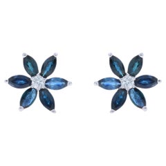 White Gold Sapphire & Diamond Large Stud Earrings - 14k Marquise 3.56ctw Flowers