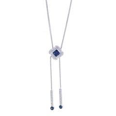 White Gold Sapphire & Diamond Lariat Necklace 18" - 14k Princess & Round 1.20ctw