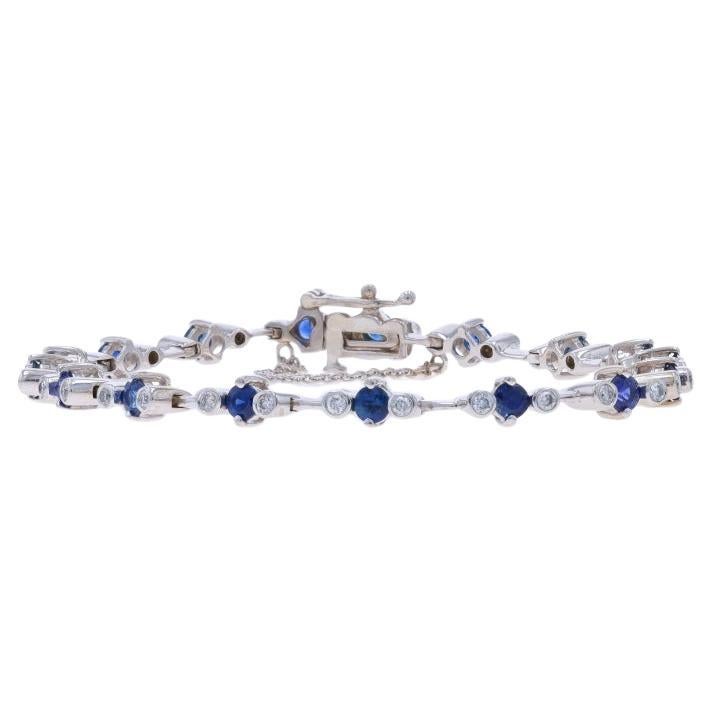 White Gold Sapphire & Diamond Link Bracelet 6 3/4" - 14k Round 2.06ctw