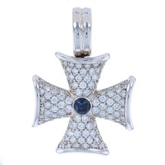 White Gold Sapphire Diamond Maltese Cross Enhancer Pendant 18k Cabochon 4.70ctw