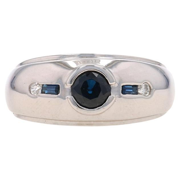 Bague homme en or blanc saphir et diamant - 14k rond 1.10ctw en vente