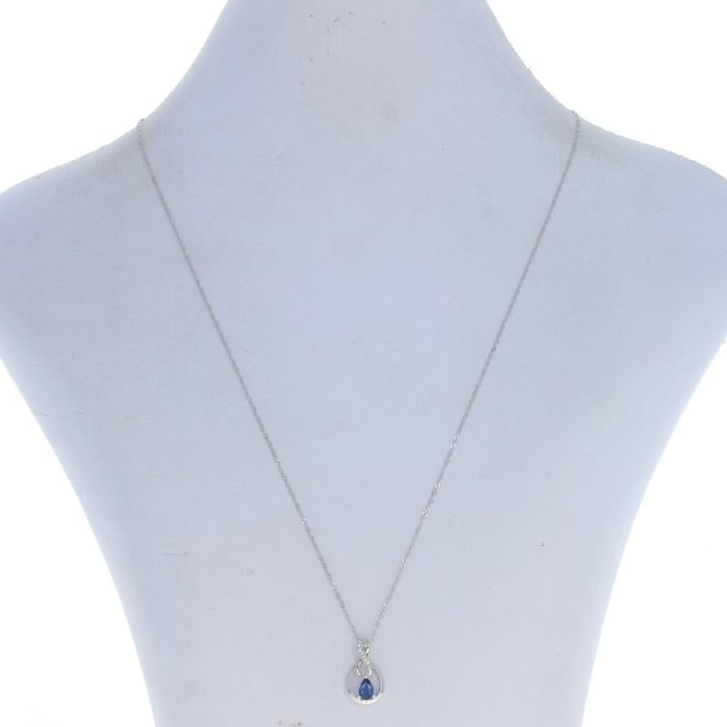 Metal Content: 18k White Gold

Stone Information

Natural Sapphire
Treatment: Heating
Carats: .45ct
Cut: Pear
Color: Blue

Natural Diamonds
Carats: .02ctw
Cut: Round Brilliant
Color: G
Clarity: VS1 - VS2

Total Carats: .47ctw

Chain Style: