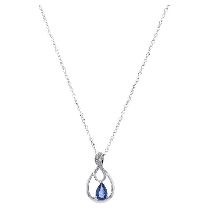 White Gold Sapphire & Diamond Pendant Necklace 17 3/4" - 18k Pear .50ctw For Sale
