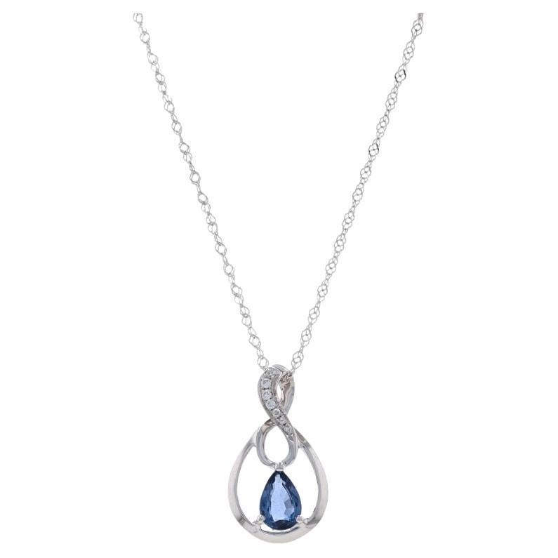 White Gold Sapphire & Diamond Pendant Necklace 17 3/4" - 18k Pear .51ctw For Sale