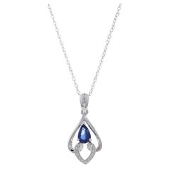 White Gold Sapphire & Diamond Pendant Necklace 17 3/4" - 18k Pear .68ctw Leaf