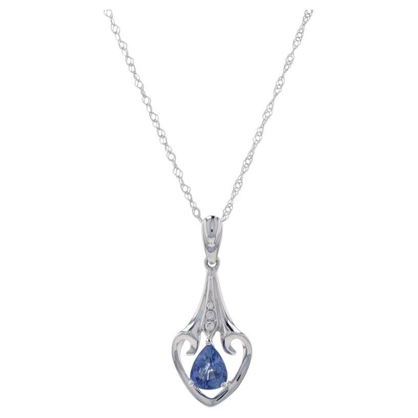 White Gold Sapphire & Diamond Pendant Necklace 17 3/4" - 18k Pear .73ctw For Sale