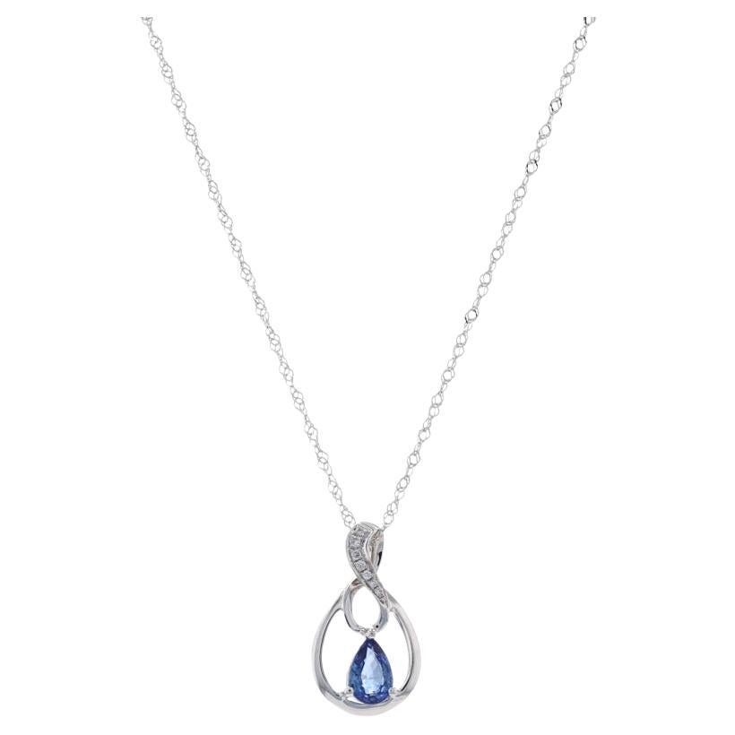 White Gold Sapphire & Diamond Pendant Necklace 18" - 18k Pear .49ctw