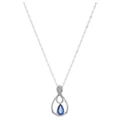 White Gold Sapphire & Diamond Pendant Necklace 18" - 18k Pear .49ctw