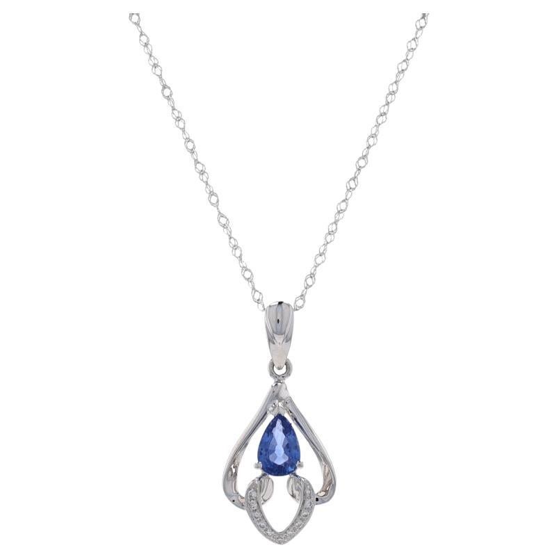 White Gold Sapphire & Diamond Pendant Necklace 18" - 18k Pear .62ctw Leaf
