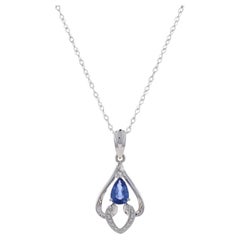 White Gold Sapphire & Diamond Pendant Necklace 18" - 18k Pear .62ctw Leaf