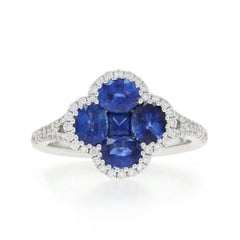 White Gold Sapphire Diamond Quatrefoil Cluster Halo Ring 18k Oval 2.16ctw Flower