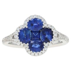 White Gold Sapphire Diamond Quatrefoil Cluster Halo Ring 18k Oval 2.16ctw Flower