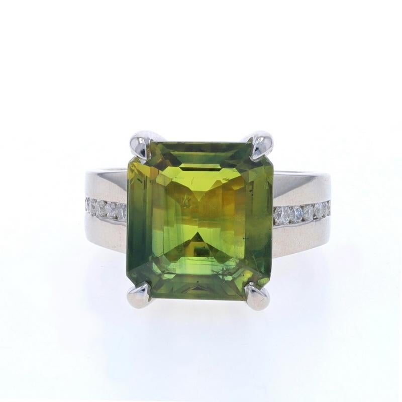 Size: 6 1/2
Sizing Fee: Up 1/2 a size for $50 or Down 1/2 a size for $40

Metal Content: 14k White Gold

Stone Information

Natural Sapphire
Treatment: Heating
Carat(s): 10.23ct (weighed)
Cut: Emerald
Color: Greenish Yellow

Natural