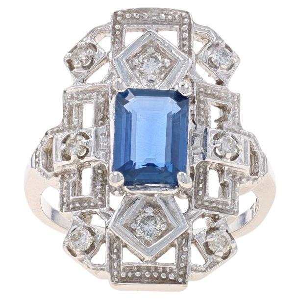 White Gold Sapphire & Diamond Ring - 14k Emerald Cut 1.43ctw For Sale