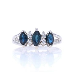 White Gold Sapphire Diamond Ring 14k Marquise .90ctw Three-Stone