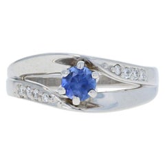 White Gold Sapphire & Diamond Ring, 14k Round Cut .56ctw
