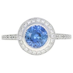 White Gold Sapphire & Diamond Ring, 18 Karat Round Cut 1.64 Carat Milgrain Halo