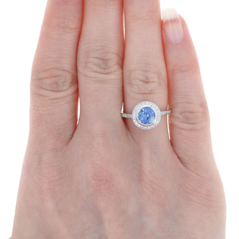 White Gold Sapphire & Diamond Ring, 18 Karat Round Cut 1.64 Carat Milgrain Halo In New Condition In Greensboro, NC