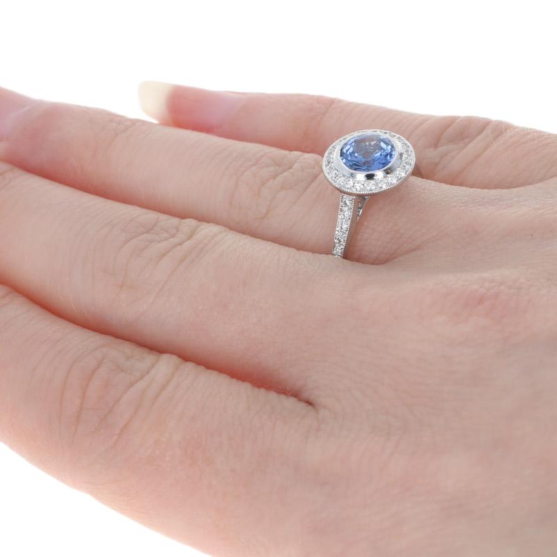 Women's White Gold Sapphire & Diamond Ring, 18 Karat Round Cut 1.64 Carat Milgrain Halo
