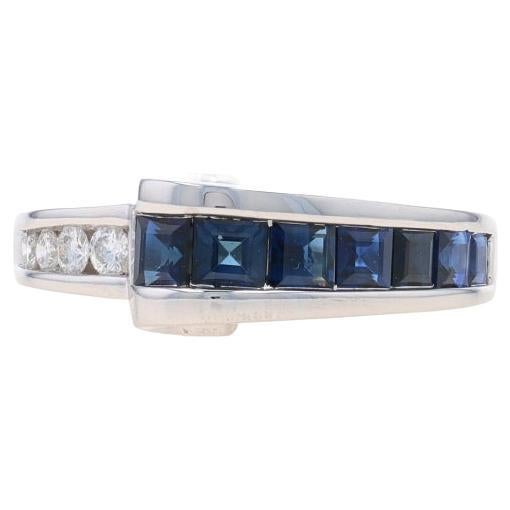 White Gold Sapphire & Diamond Scroll Band - 14k Square 1.06ctw Ring Sz 5 3/4 For Sale